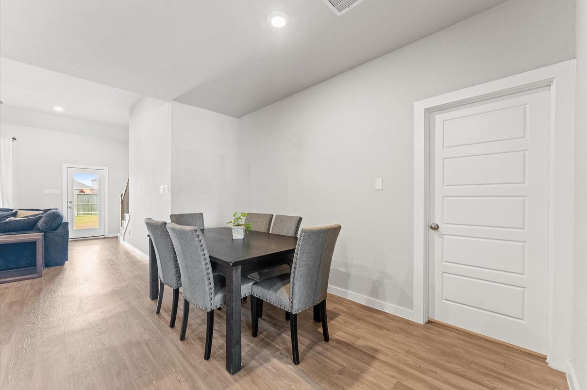 Dining room, Interior, Recessed Lighting, Wood Texture Flooring