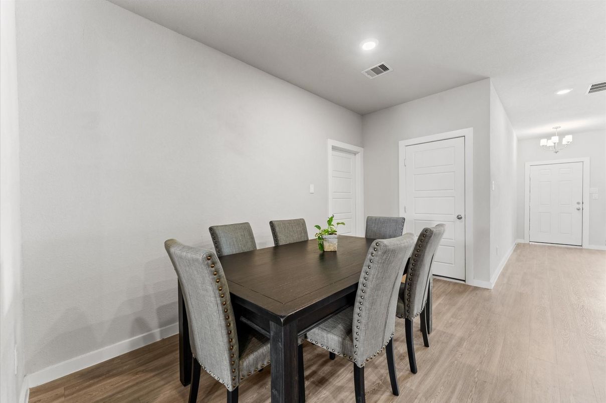 Dining room, Interior, Recessed Lighting, Wood Texture Flooring