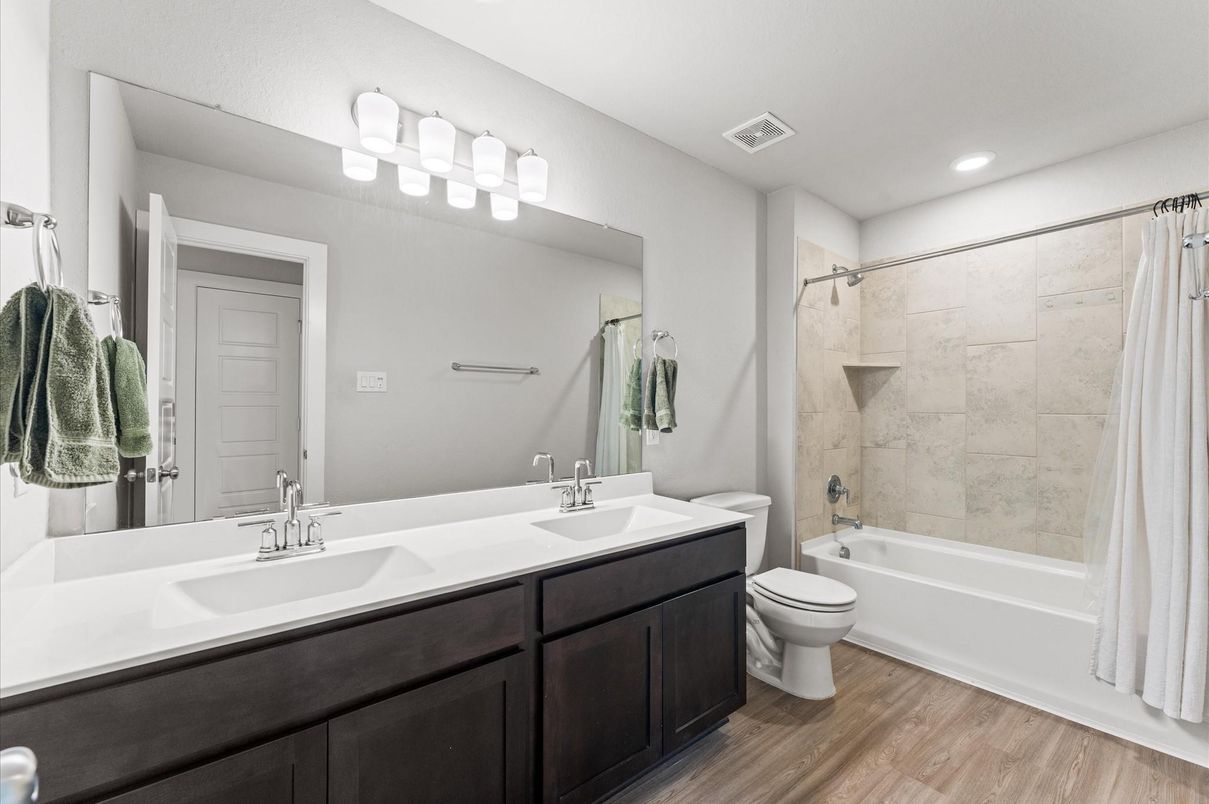 Bathroom, Dual Sink Vanities, Interior, Recessed Lighting, Wood Texture Flooring