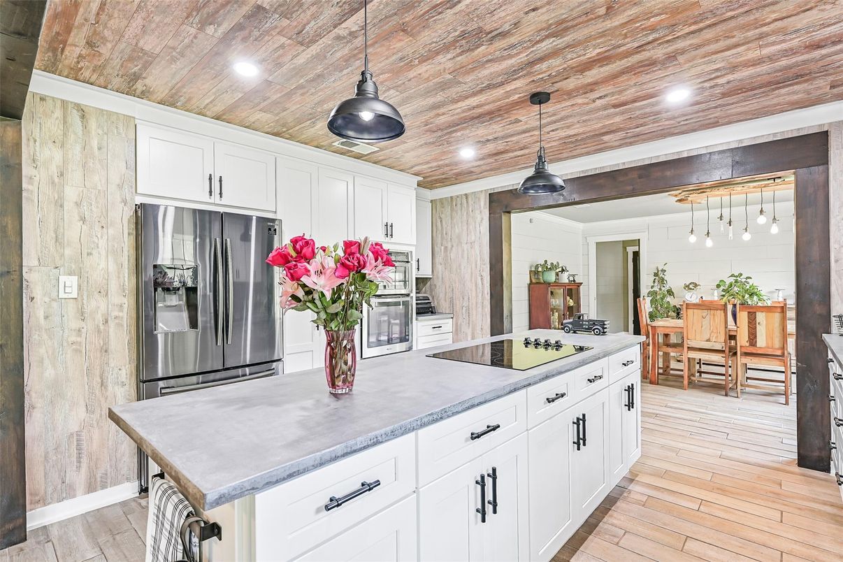 Interior, Kitchen, Pendant Lights, Recessed Lighting, Stainless Steel Appliances, Wooden Ceilings, Wood Texture Flooring