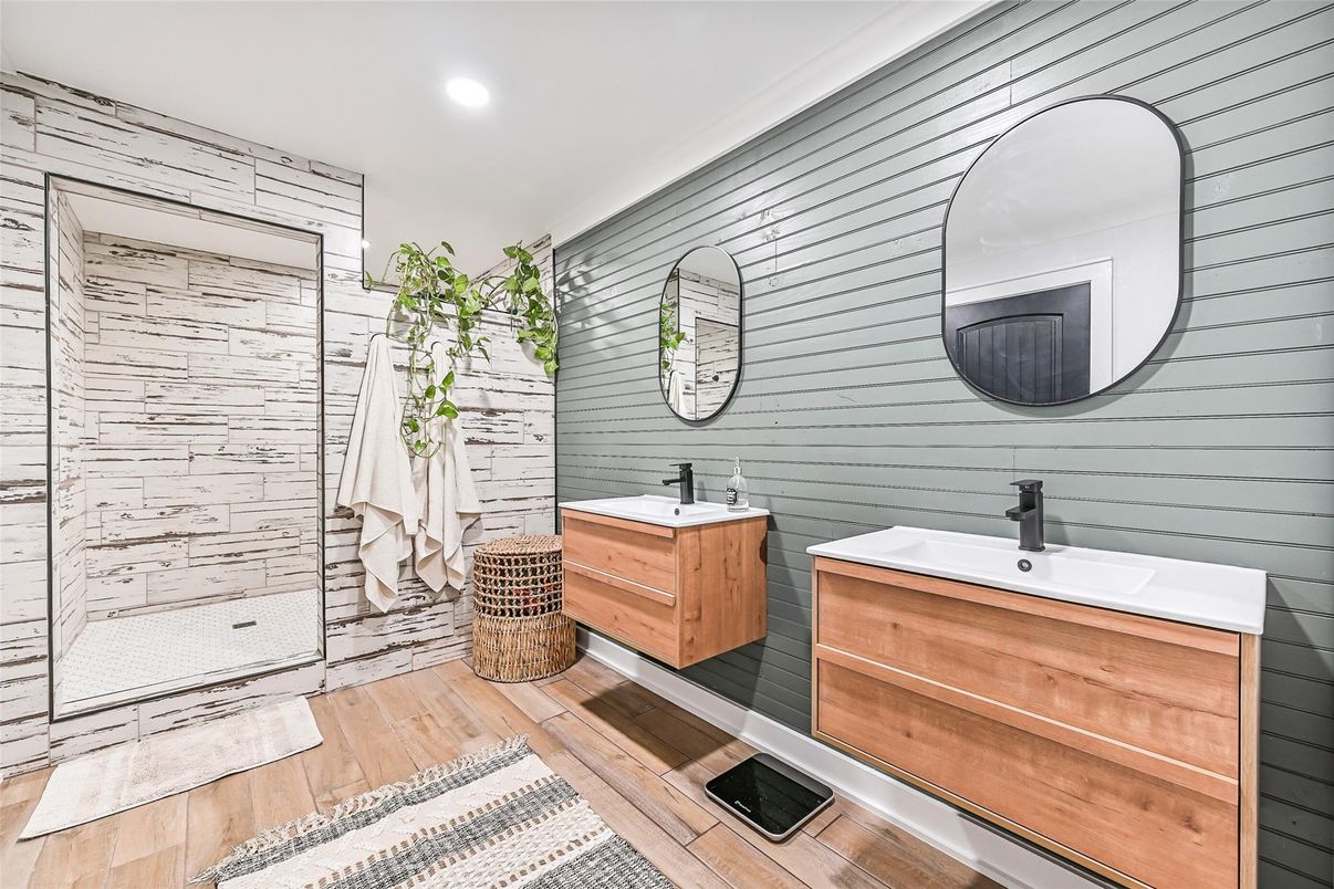 Bathroom, Dual Sink Vanities, Interior, Recessed Lighting, Wood Texture Flooring