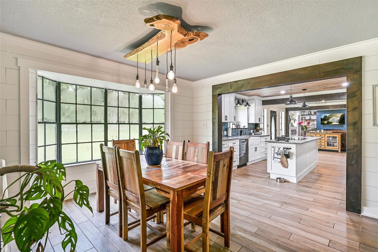 Dining room, Interior, Kitchen, Pendant Lights, Wood Texture Flooring