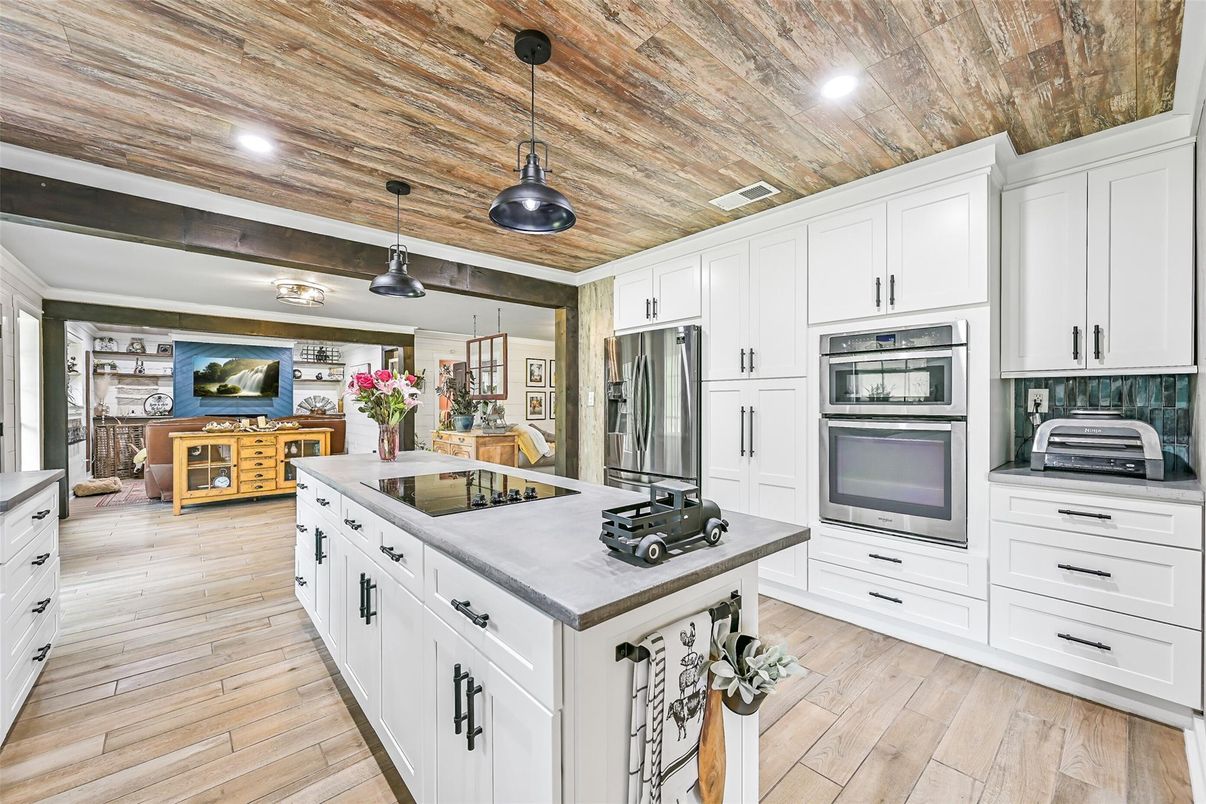 Interior, Kitchen, Pendant Lights, Recessed Lighting, Stainless Steel Appliances, Wooden Ceilings, Wood Texture Flooring