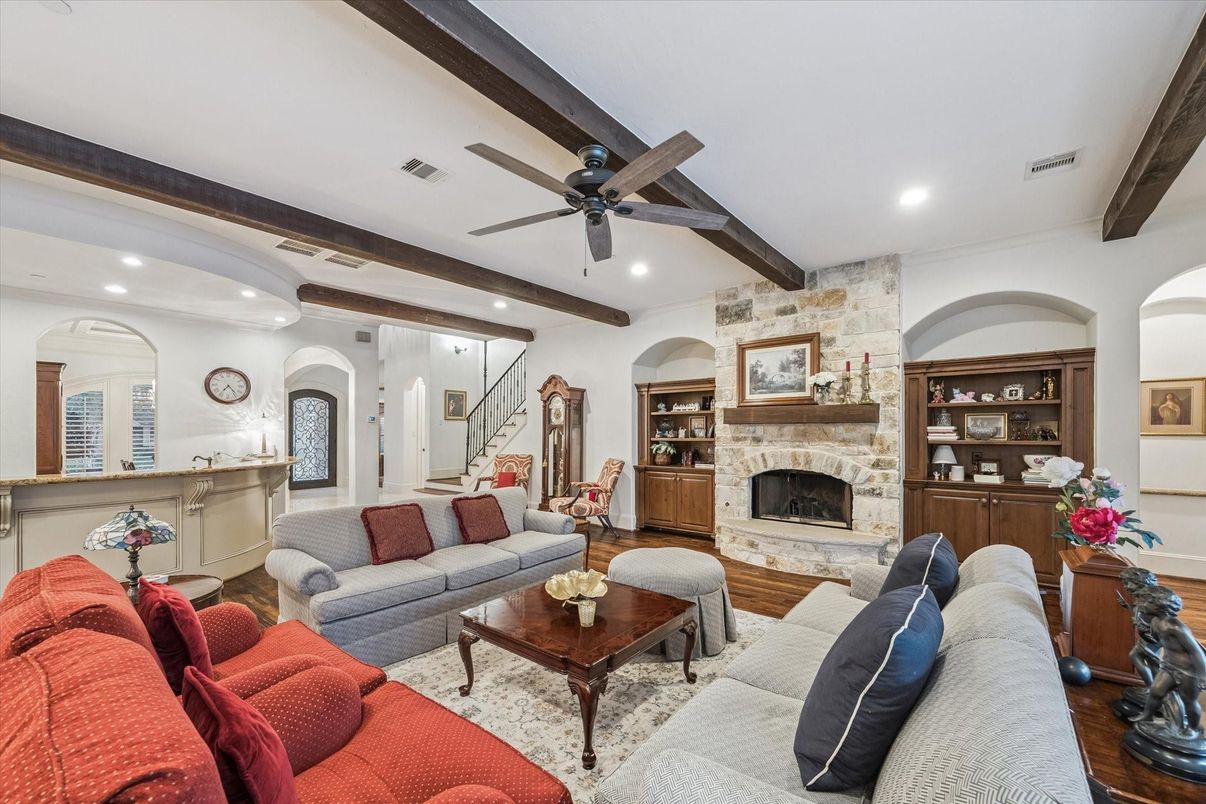 Fireplace, Interior, Living room, Recessed Lighting, Stone Walls, Wooden Beams, Wood Texture Flooring