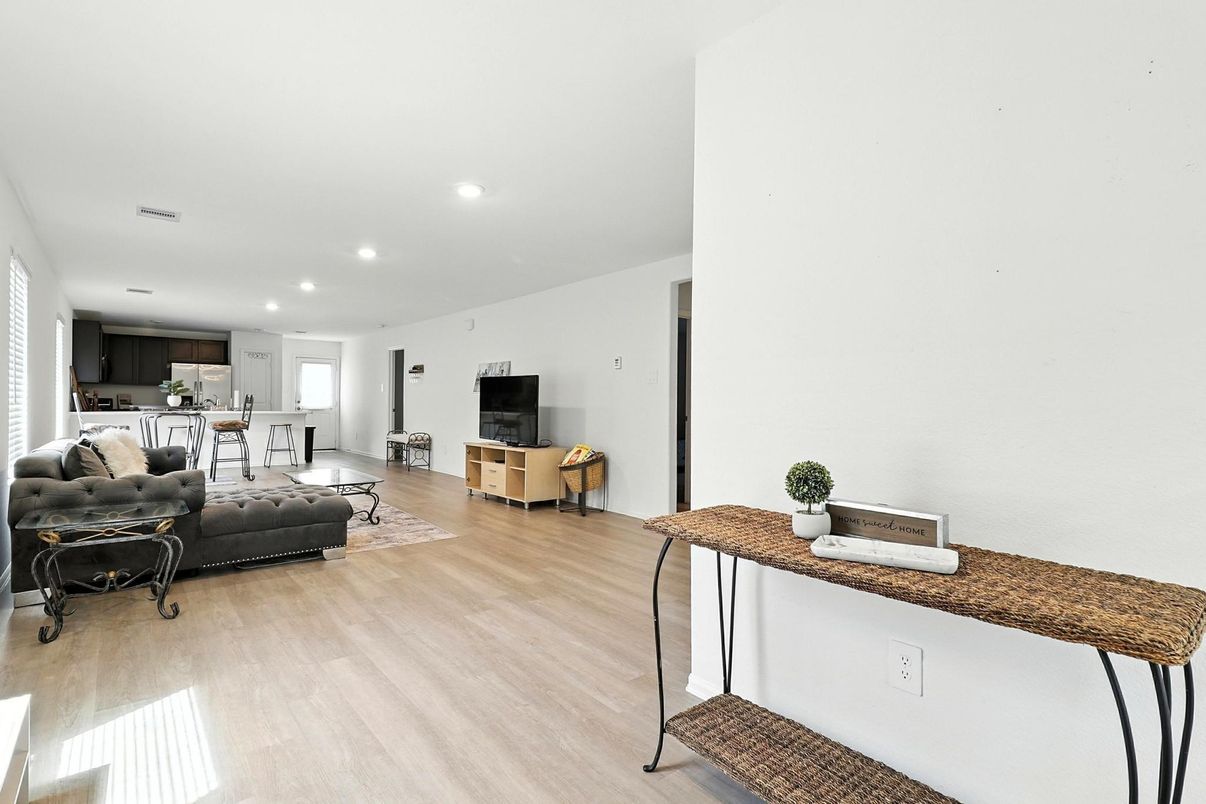 Interior, Kitchen, Living room, Recessed Lighting, Wood Texture Flooring