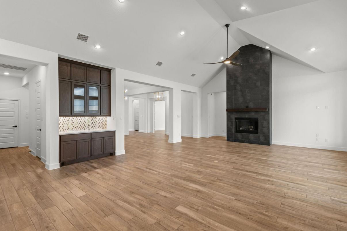 Empty room, Fireplace, Interior, Recessed Lighting, Wood Texture Flooring