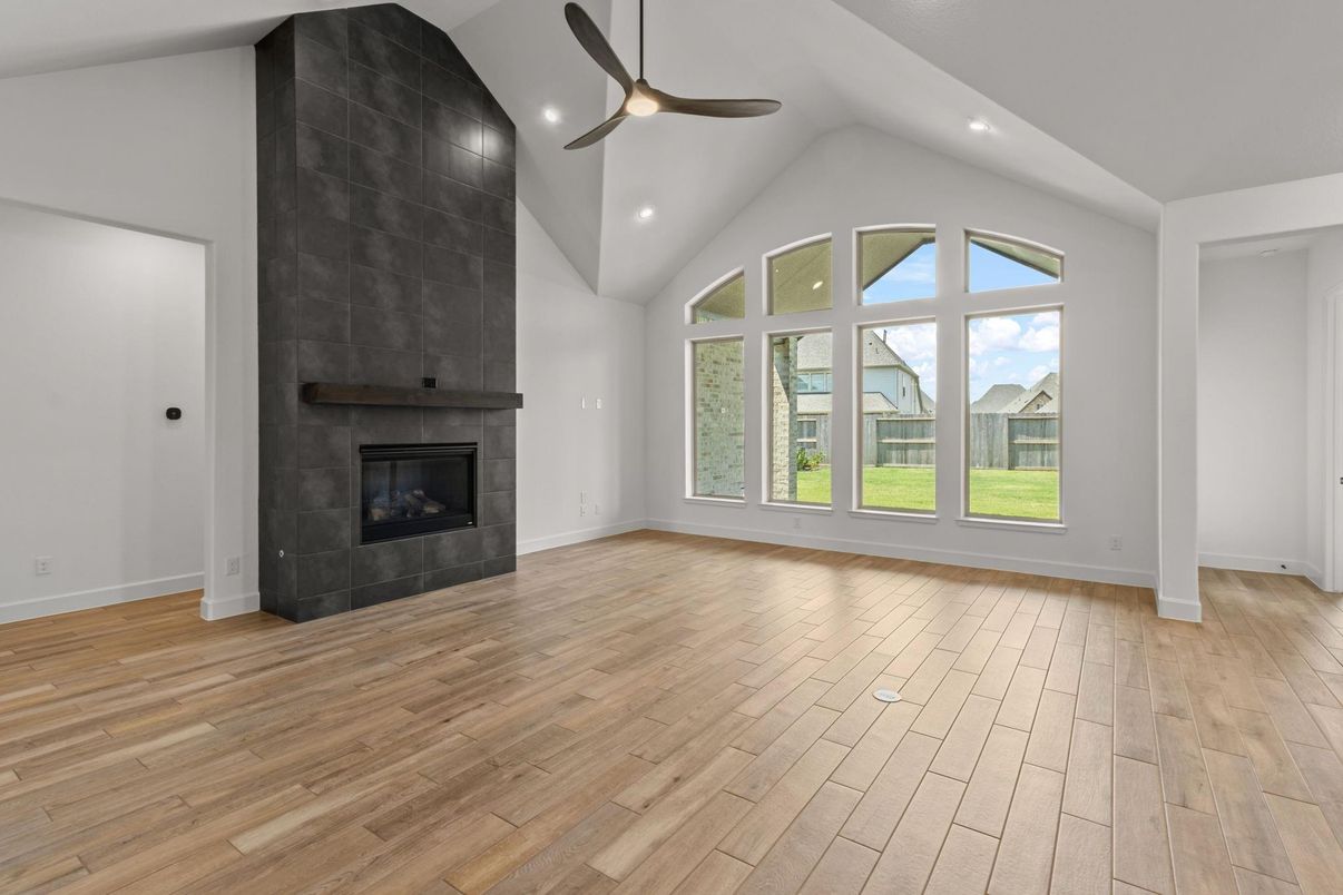Empty room, Fireplace, Interior, Recessed Lighting, Wood Texture Flooring