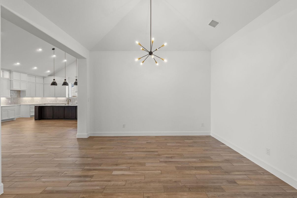 Empty room, Interior, Kitchen, Pendant Lights, Recessed Lighting, Wood Texture Flooring