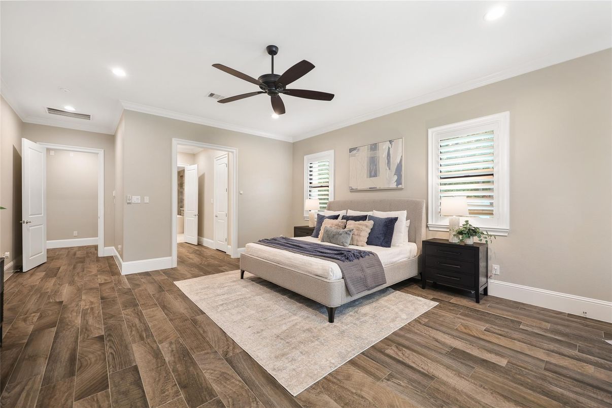 Bedroom, Interior, Recessed Lighting, Wood Texture Flooring