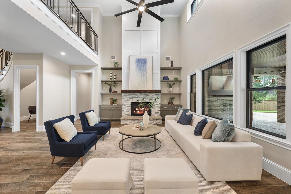 Fireplace, Interior, Living room, Recessed Lighting, Wood Texture Flooring