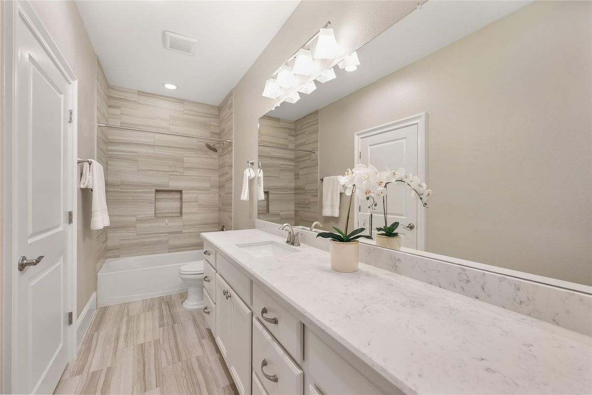Bathroom, Dual Sink Vanities, Interior, Recessed Lighting, Wood Texture Flooring