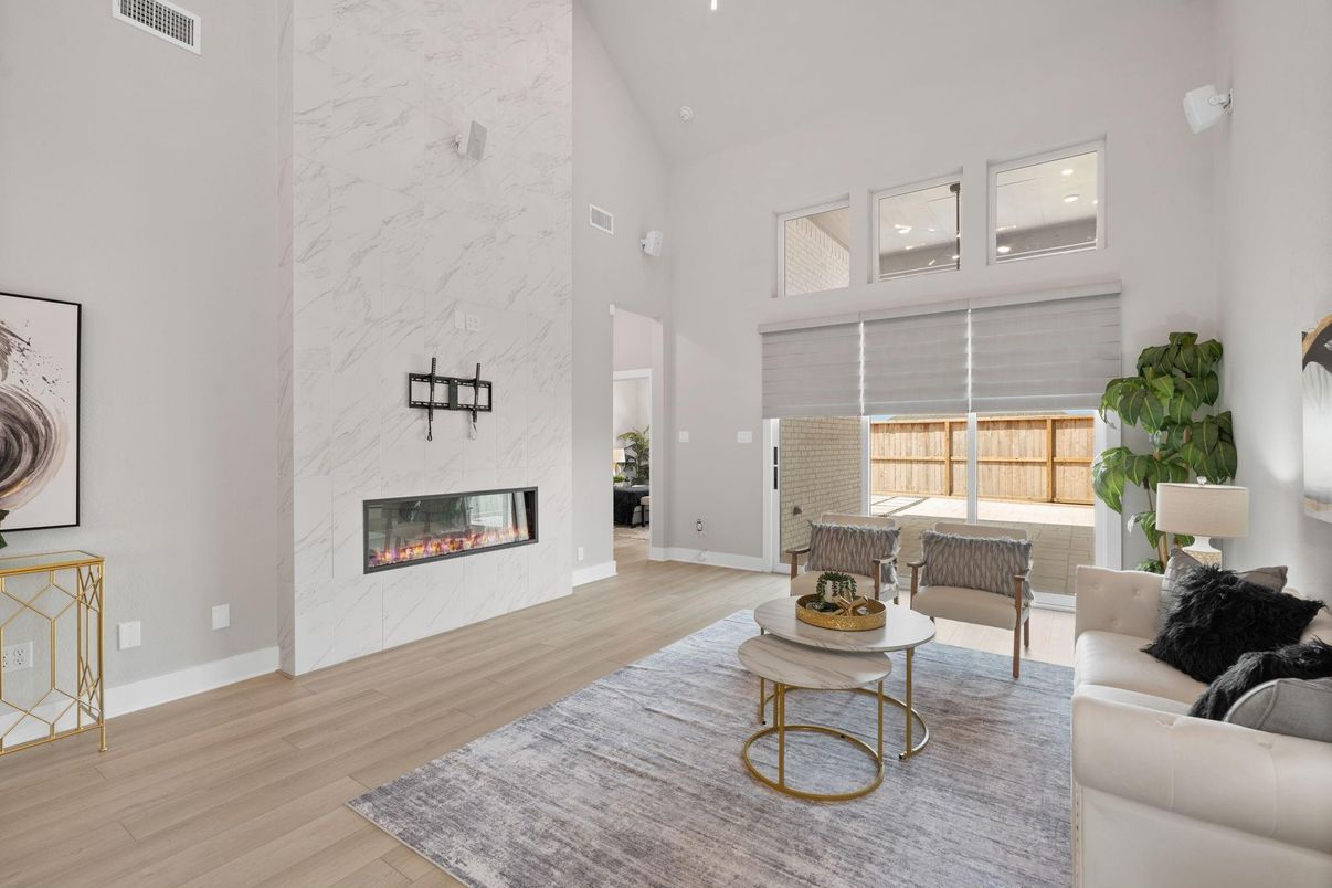 Fireplace, Interior, Living room, Marble Walls, Recessed Lighting, Wood Texture Flooring