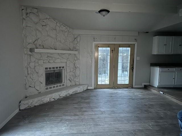 Empty room, Fireplace, Interior, Marble Walls, Wood Texture Flooring
