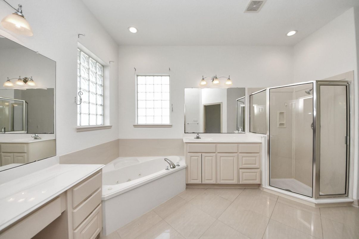 Bathroom, Dual Sink Vanities, Glass Shower, Interior, Recessed Lighting