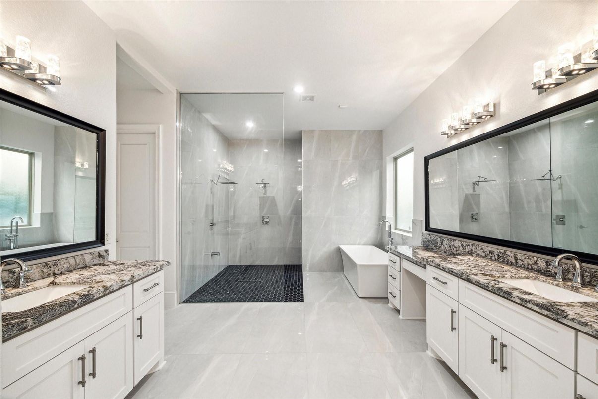 Bathroom, Dual Sink Vanities, Glass Shower, Interior, Recessed Lighting