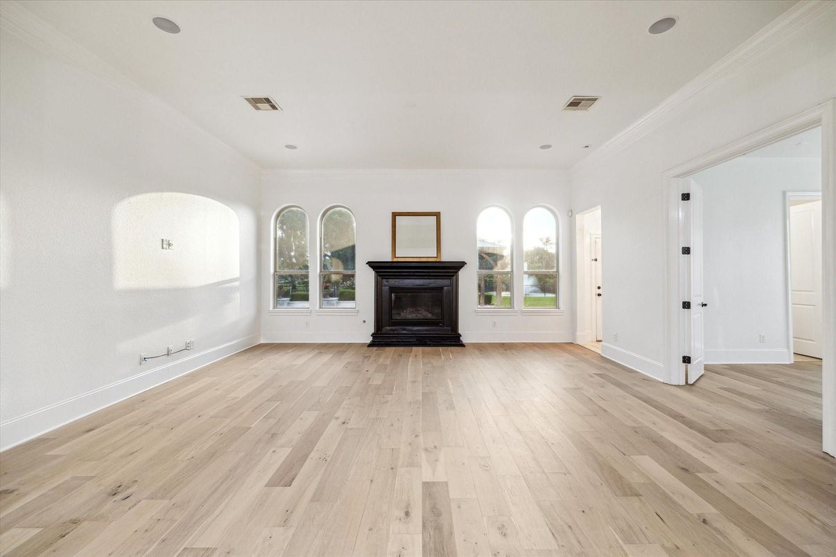 Empty room, Fireplace, Interior, Recessed Lighting, Wood Texture Flooring