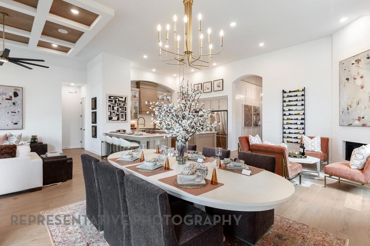 Dining room, Interior, Living room, Pendant Lights, Recessed Lighting, Wood Texture Flooring