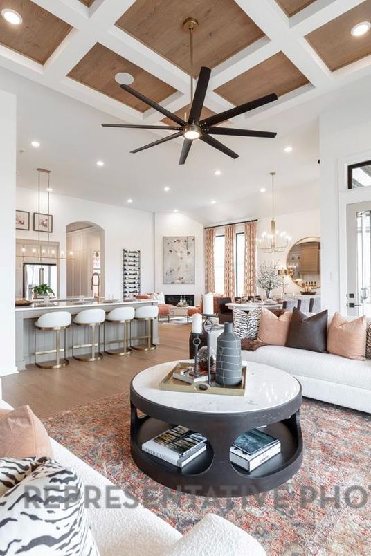 Chandelier, Dining room, Interior, Kitchen, Living room, Pendant Lights, Recessed Lighting, Wood Texture Flooring