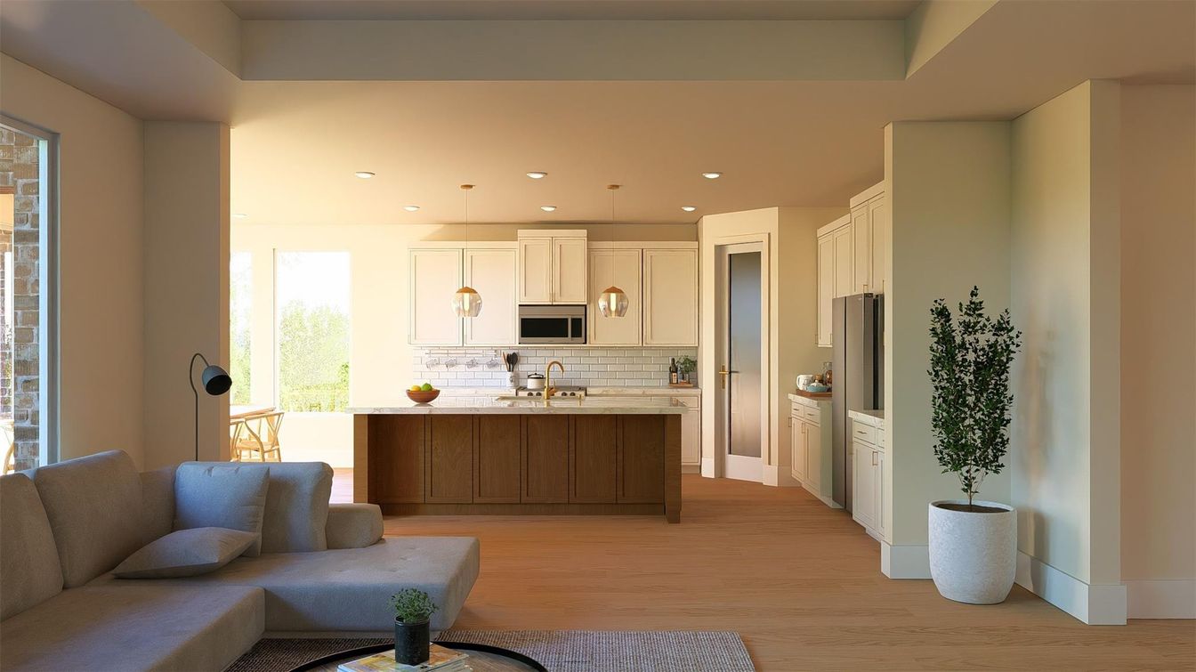 Interior, Kitchen, Living room, Pendant Lights, Recessed Lighting, Wood Texture Flooring