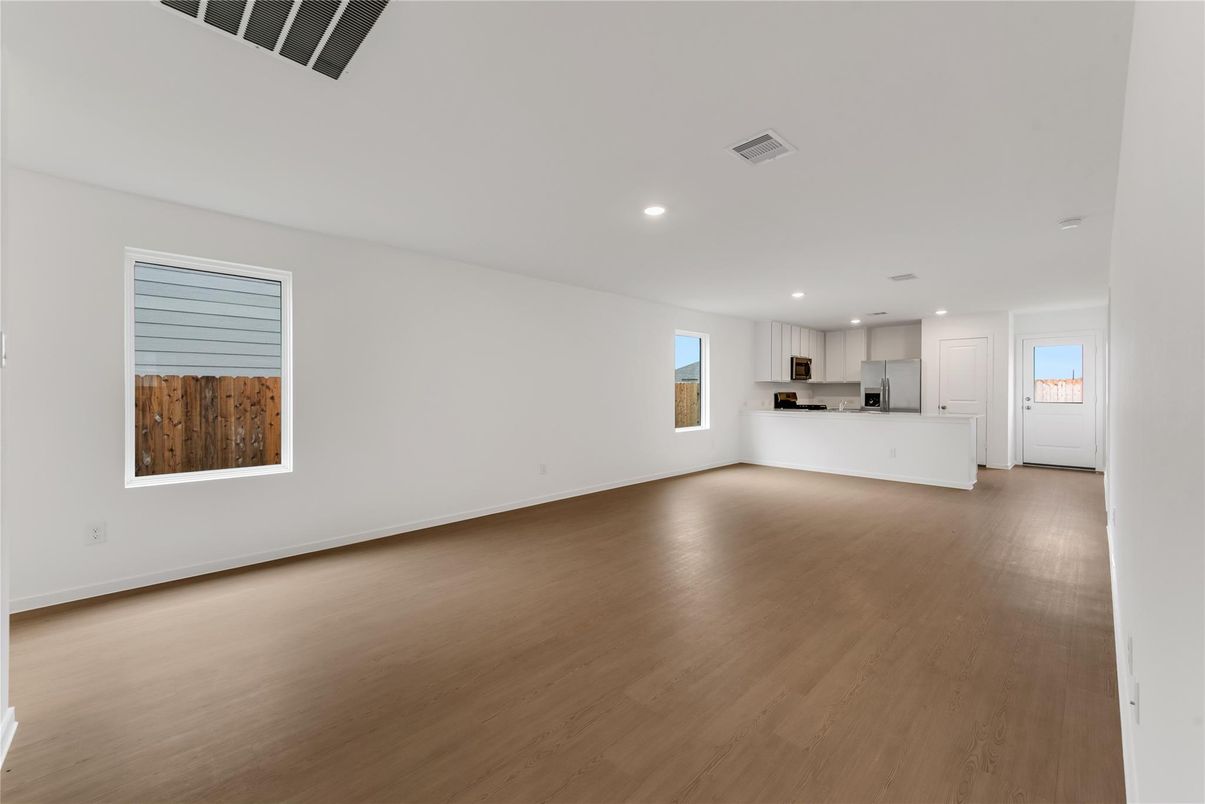 Empty room, Interior, Kitchen, Recessed Lighting, Wood Texture Flooring