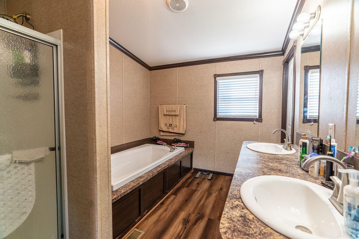 Bathroom, Dual Sink Vanities, Glass Shower, Interior, Wood Texture Flooring