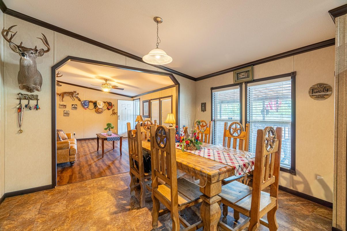 Dining room, Interior, Pendant Lights, Wood Texture Flooring