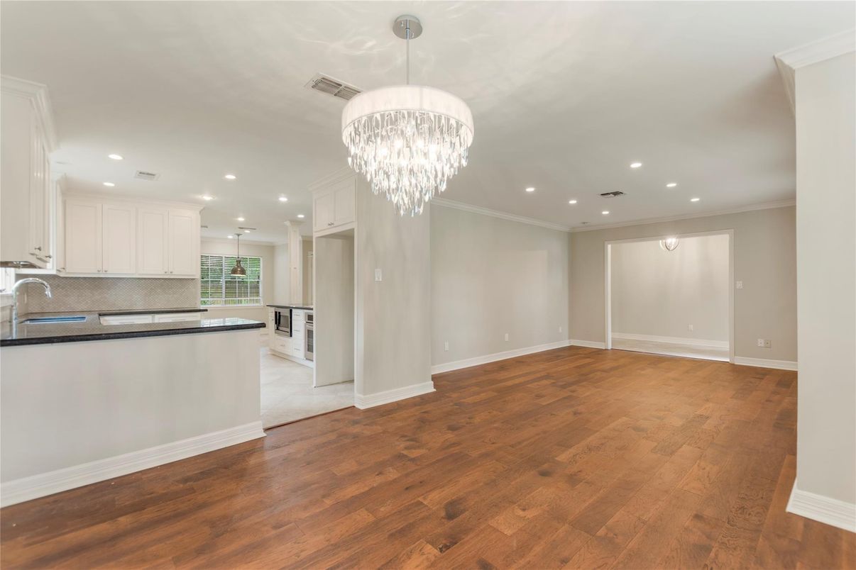 Chandelier, Empty room, Interior, Kitchen, Recessed Lighting, Wood Texture Flooring