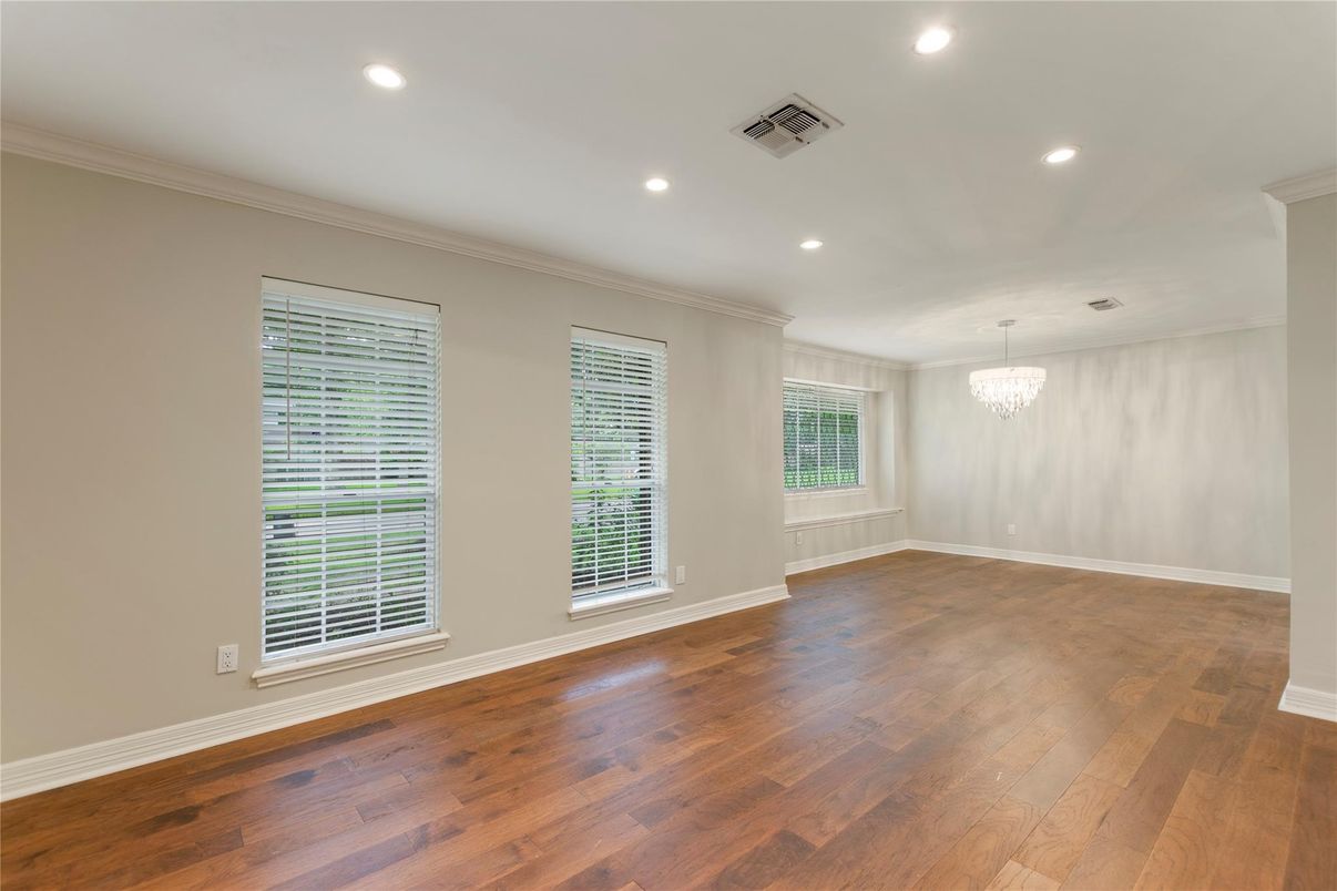 Chandelier, Empty room, Interior, Recessed Lighting, Wood Texture Flooring