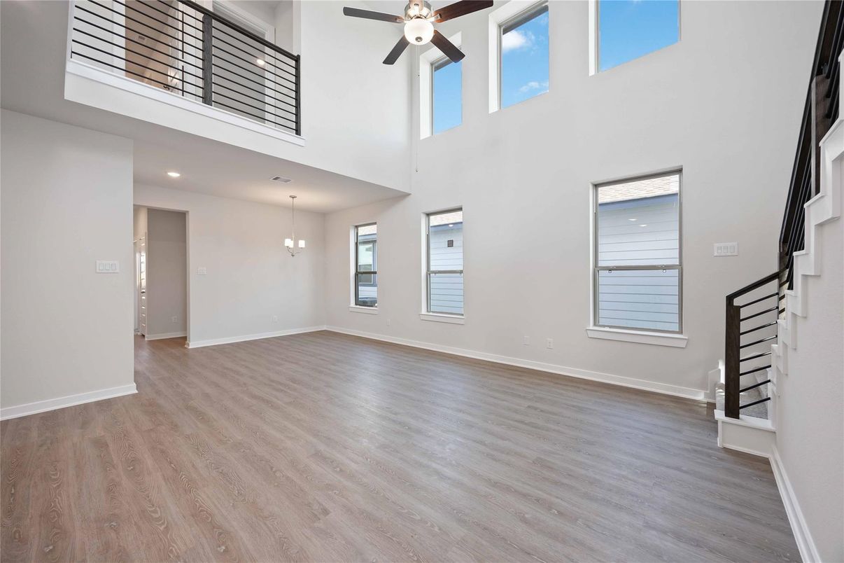 Chandelier, Empty room, Interior, Pendant Lights, Recessed Lighting, Wood Texture Flooring