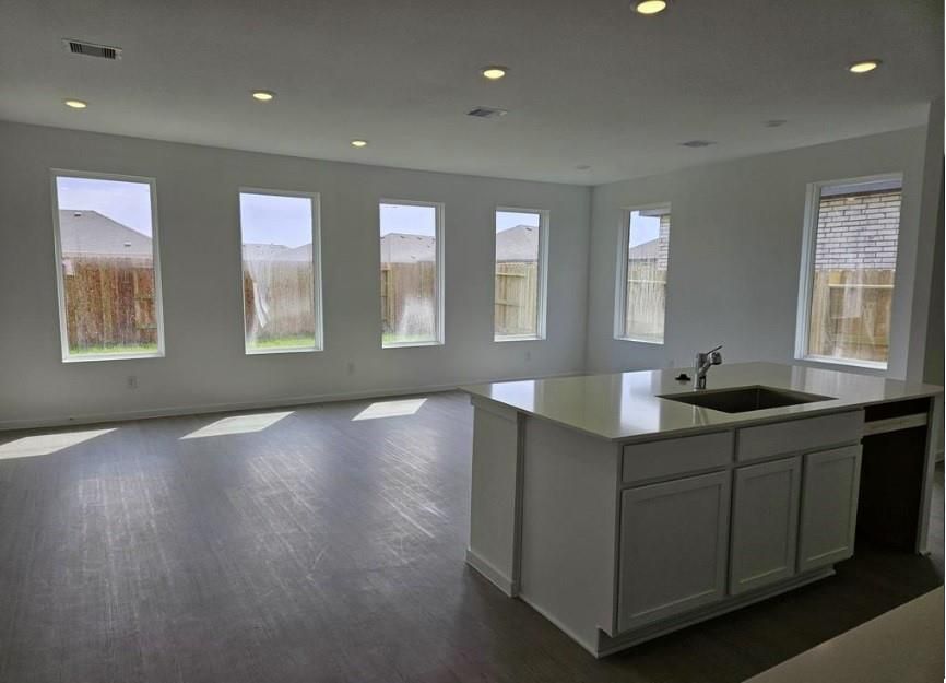 Empty room, Interior, Kitchen, Recessed Lighting, Wood Texture Flooring