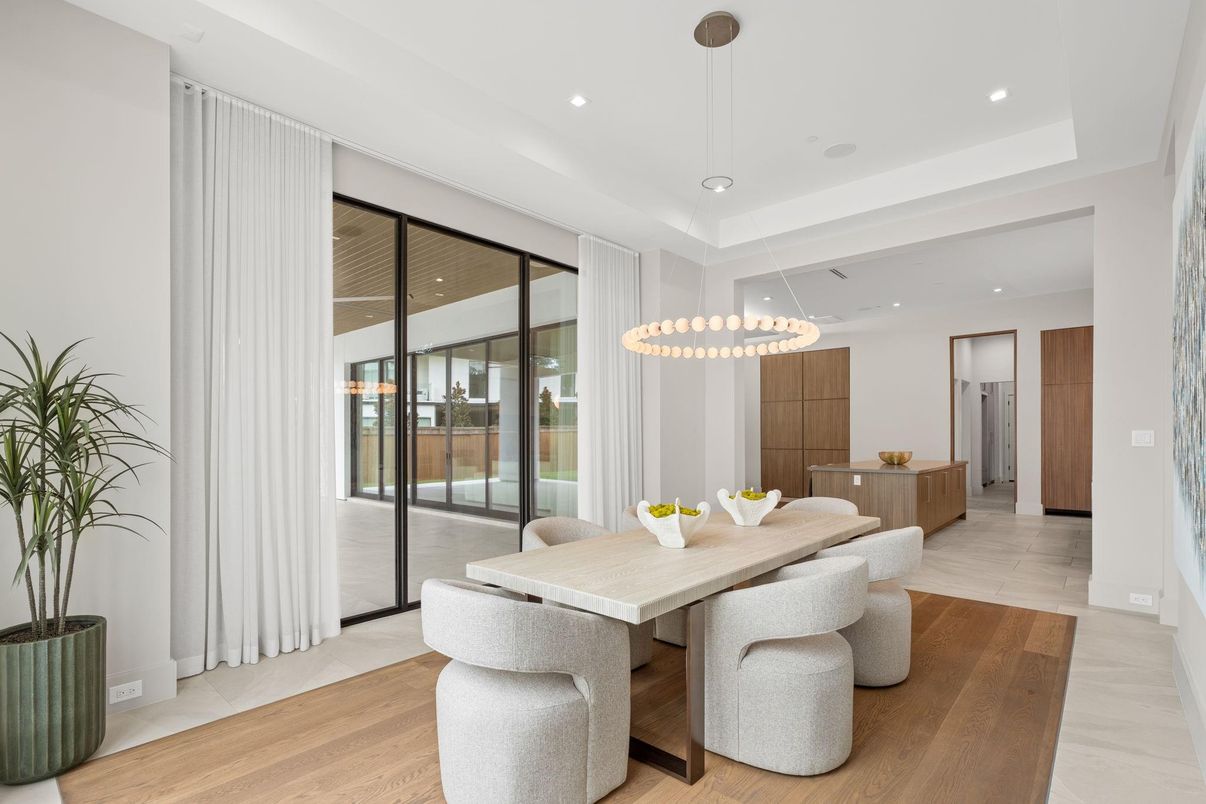 Dining room, Interior, Pendant Lights, Recessed Lighting, Wood Texture Flooring