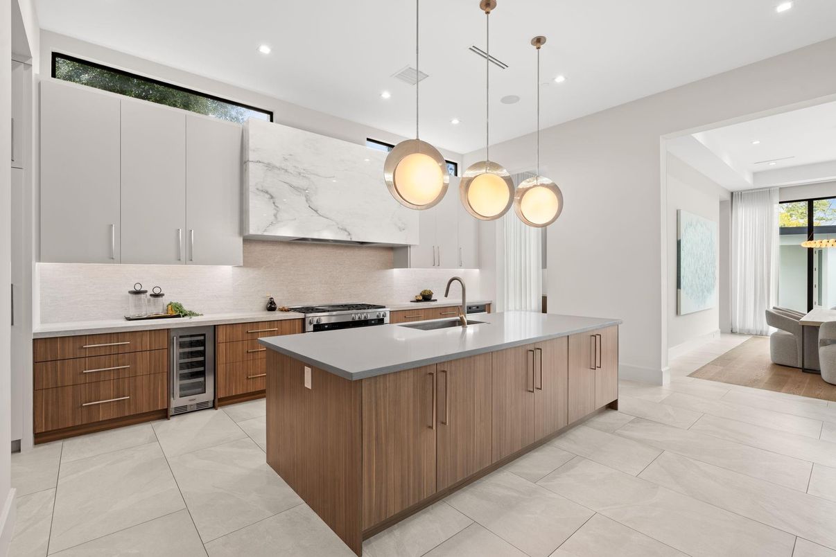 Interior, Kitchen, Marble, Pendant Lights, Recessed Lighting, Stainless Steel Appliances