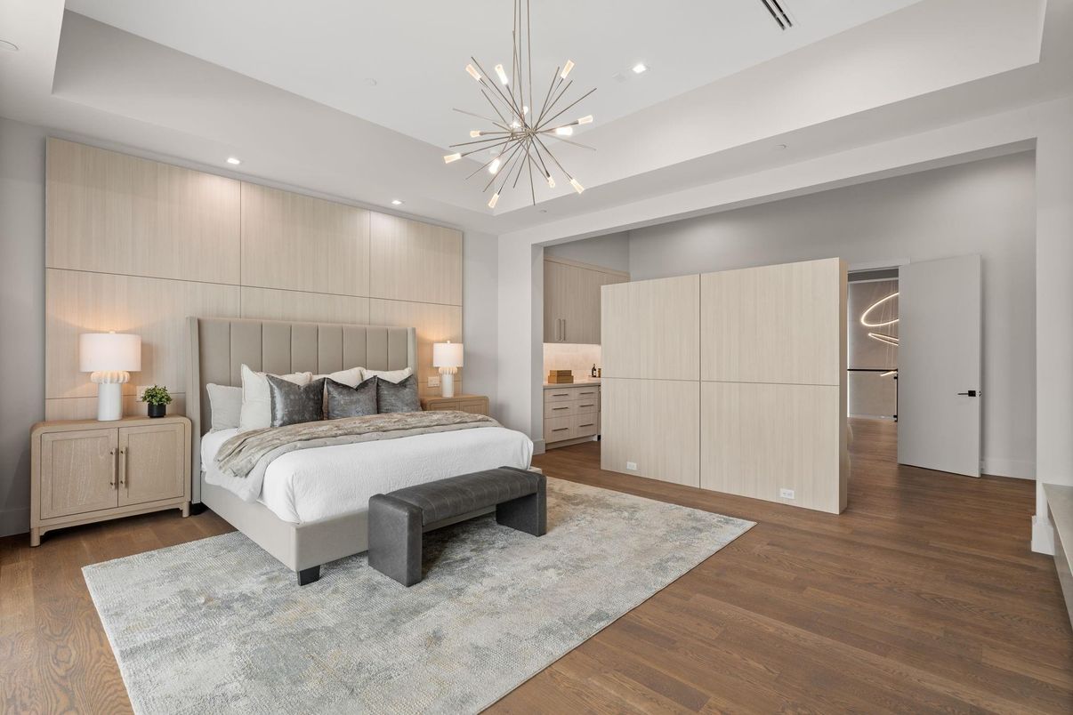 Bedroom, Interior, Pendant Lights, Recessed Lighting, Wood Texture Flooring