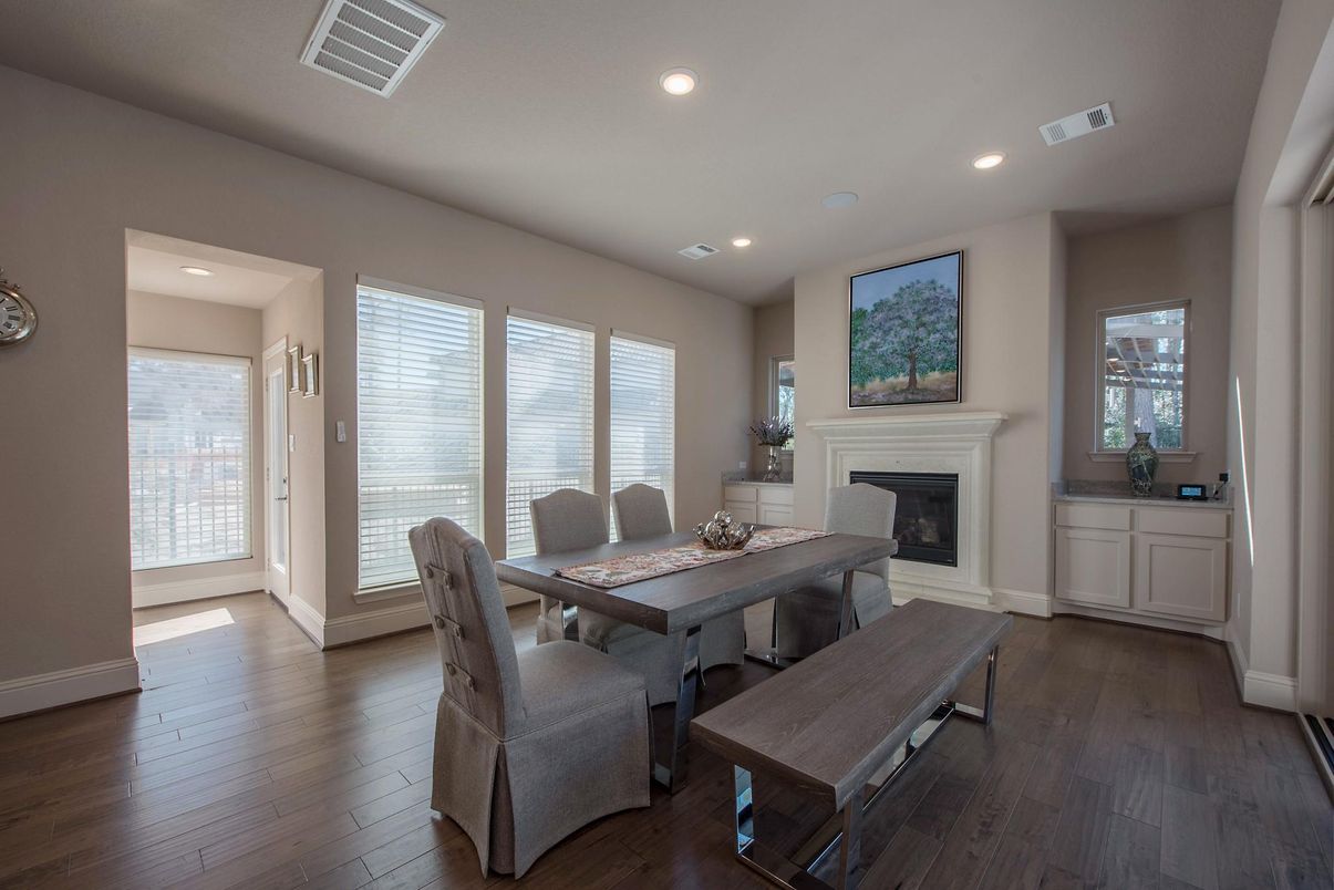 Dining room, Fireplace, Interior, Recessed Lighting, Wood Texture Flooring