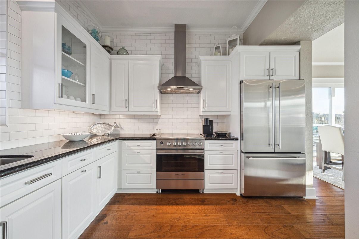 Interior, Kitchen, Stainless Steel Appliances, Stone Walls, Wood Texture Flooring