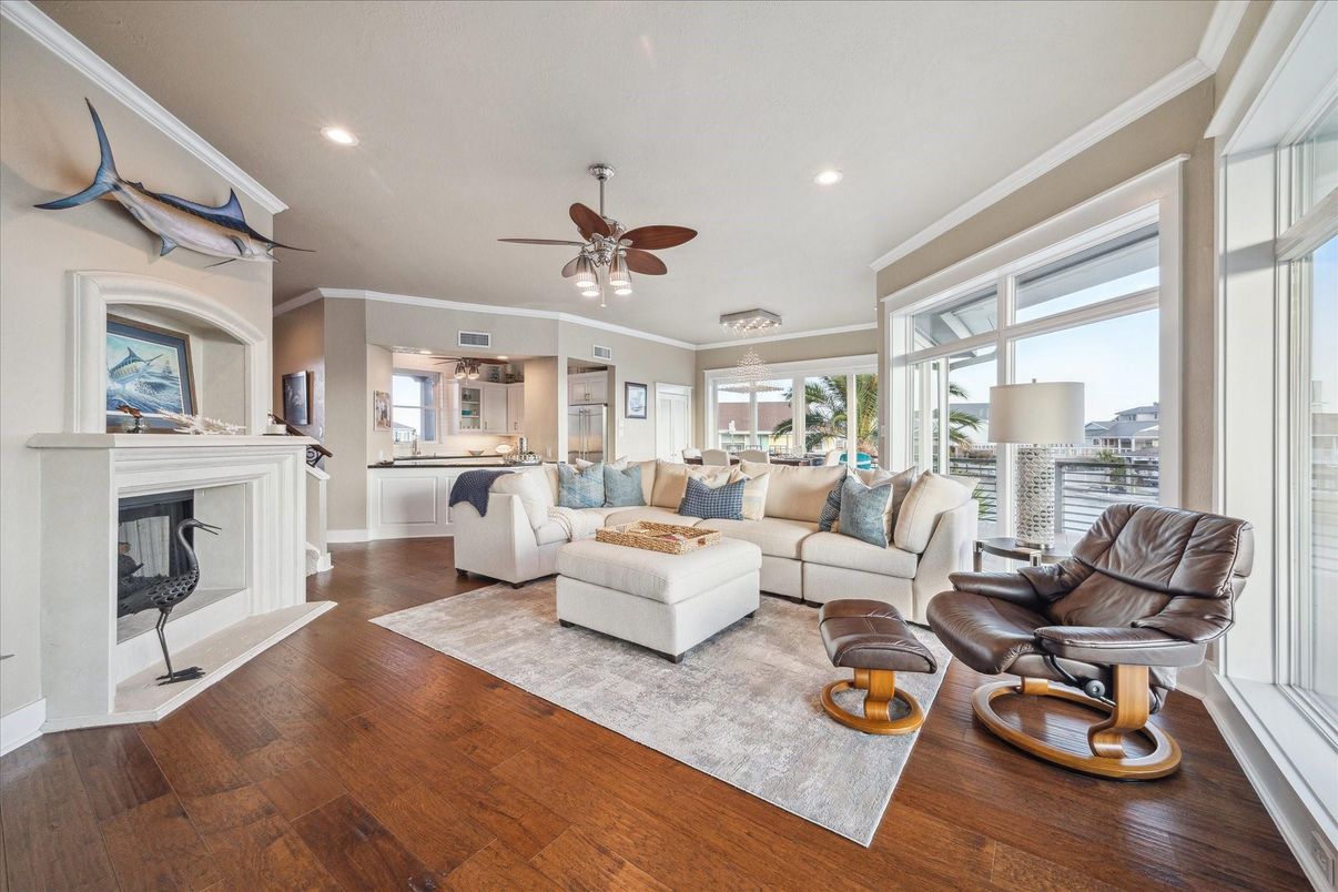 Fireplace, Interior, Living room, Recessed Lighting, Wood Texture Flooring
