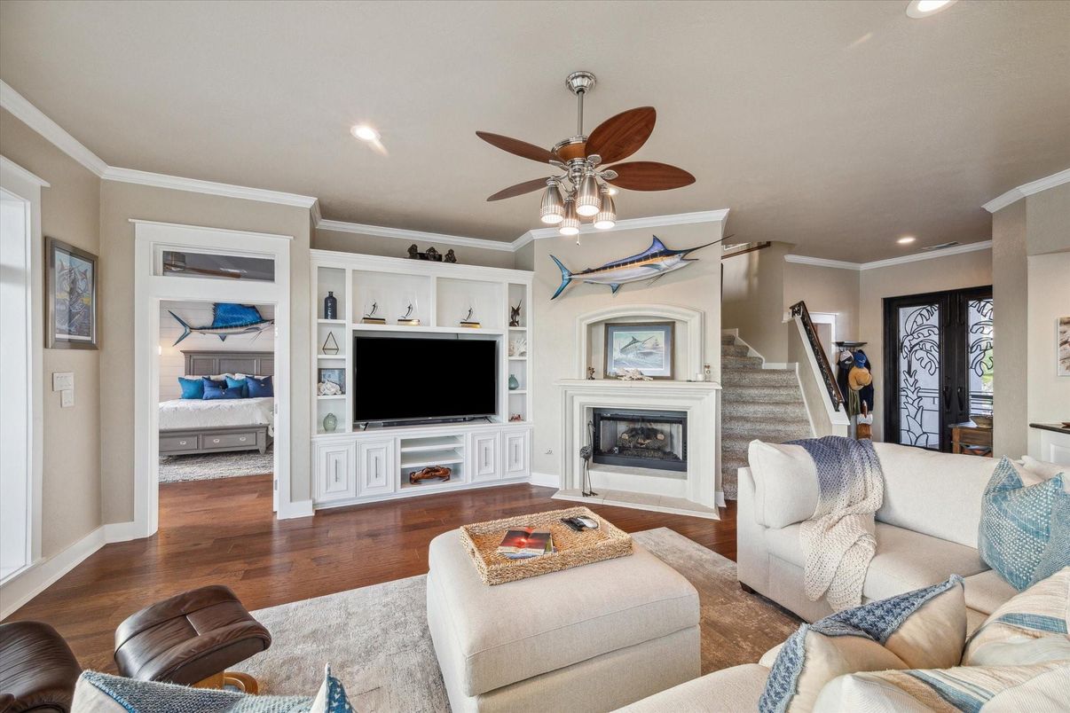Fireplace, Interior, Living room, Recessed Lighting, Wood Texture Flooring