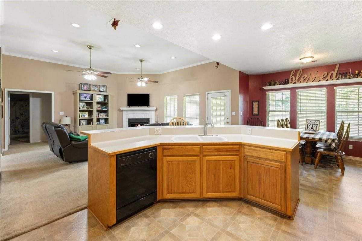 Dining room, Fireplace, Interior, Kitchen, Recessed Lighting