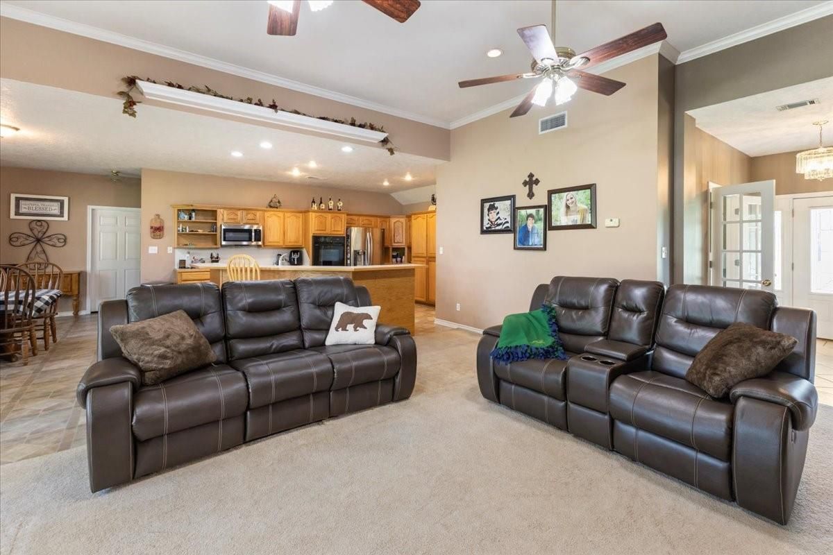 Chandelier, Dining room, Interior, Kitchen, Living room, Recessed Lighting, Stainless Steel Appliances
