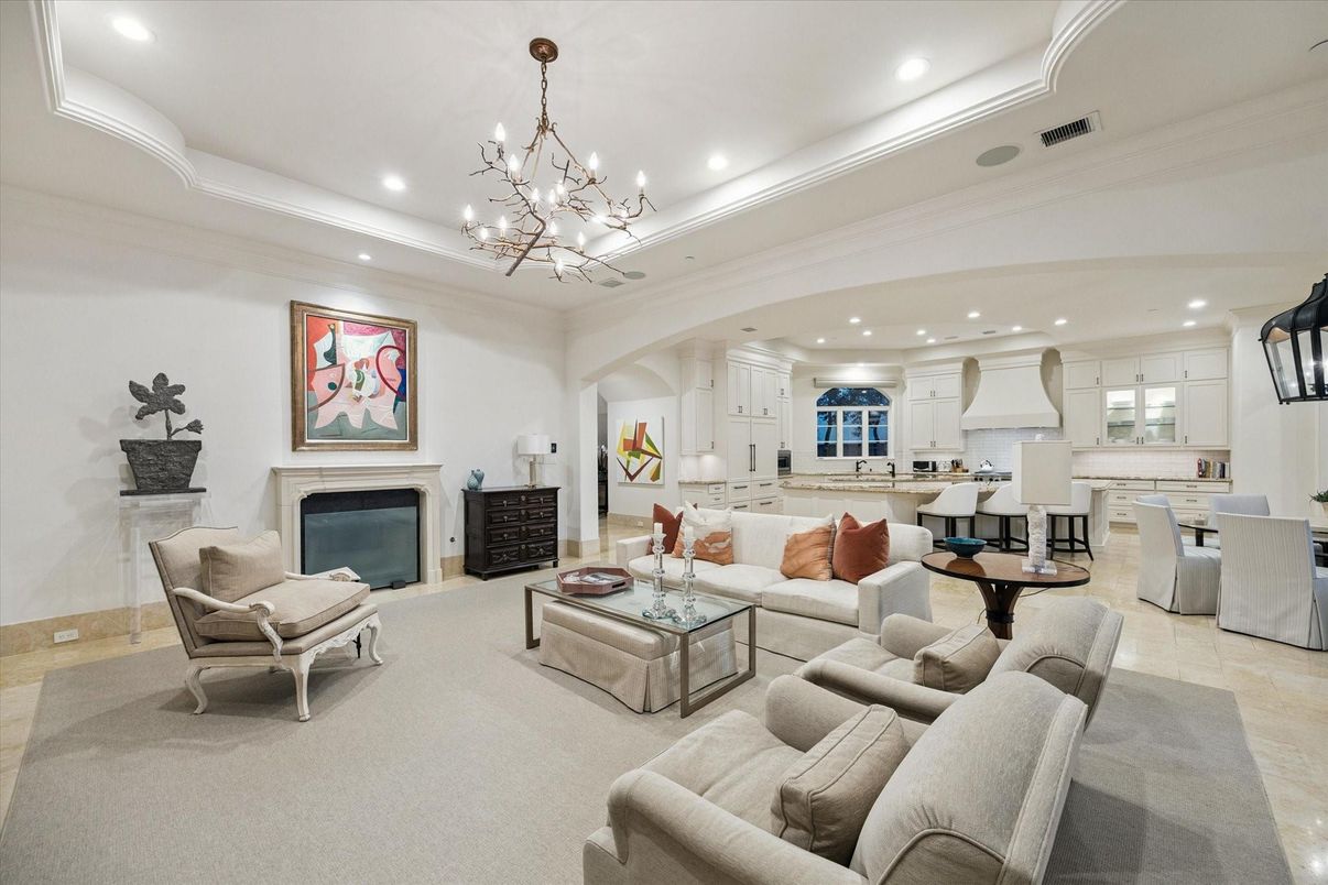 Chandelier, Dining room, Fireplace, Interior, Kitchen, Living room, Pendant Lights, Recessed Lighting