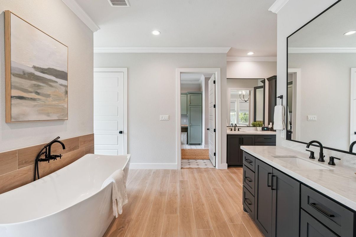 Bathroom, Dual Sink Vanities, Free Standing Baths, Interior, Recessed Lighting, Wood Texture Flooring