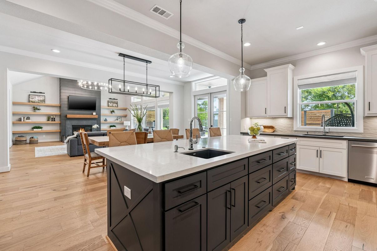 Chandelier, Dining room, Fireplace, Interior, Kitchen, Living room, Pendant Lights, Recessed Lighting, Wood Texture Flooring