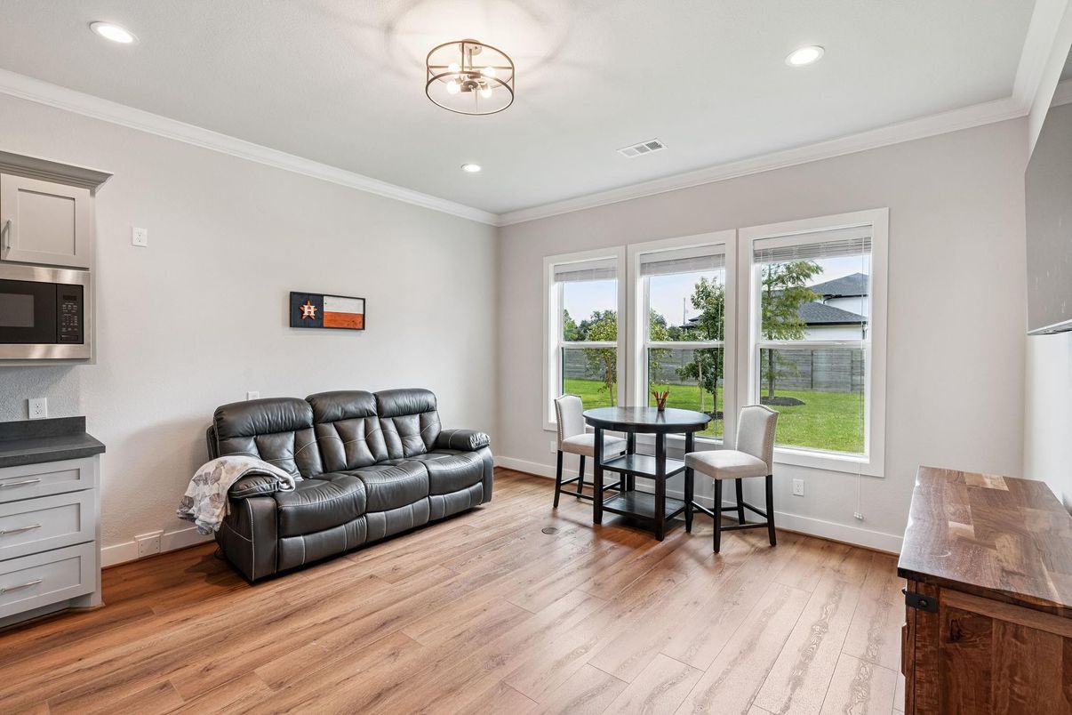 Dining room, Interior, Recessed Lighting, Wood Texture Flooring