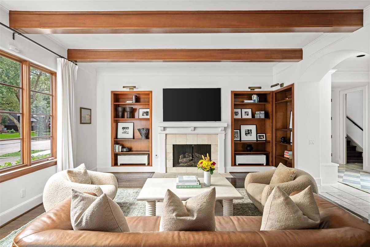 Fireplace, Interior, Living room, Wooden Beams, Wood Texture Flooring
