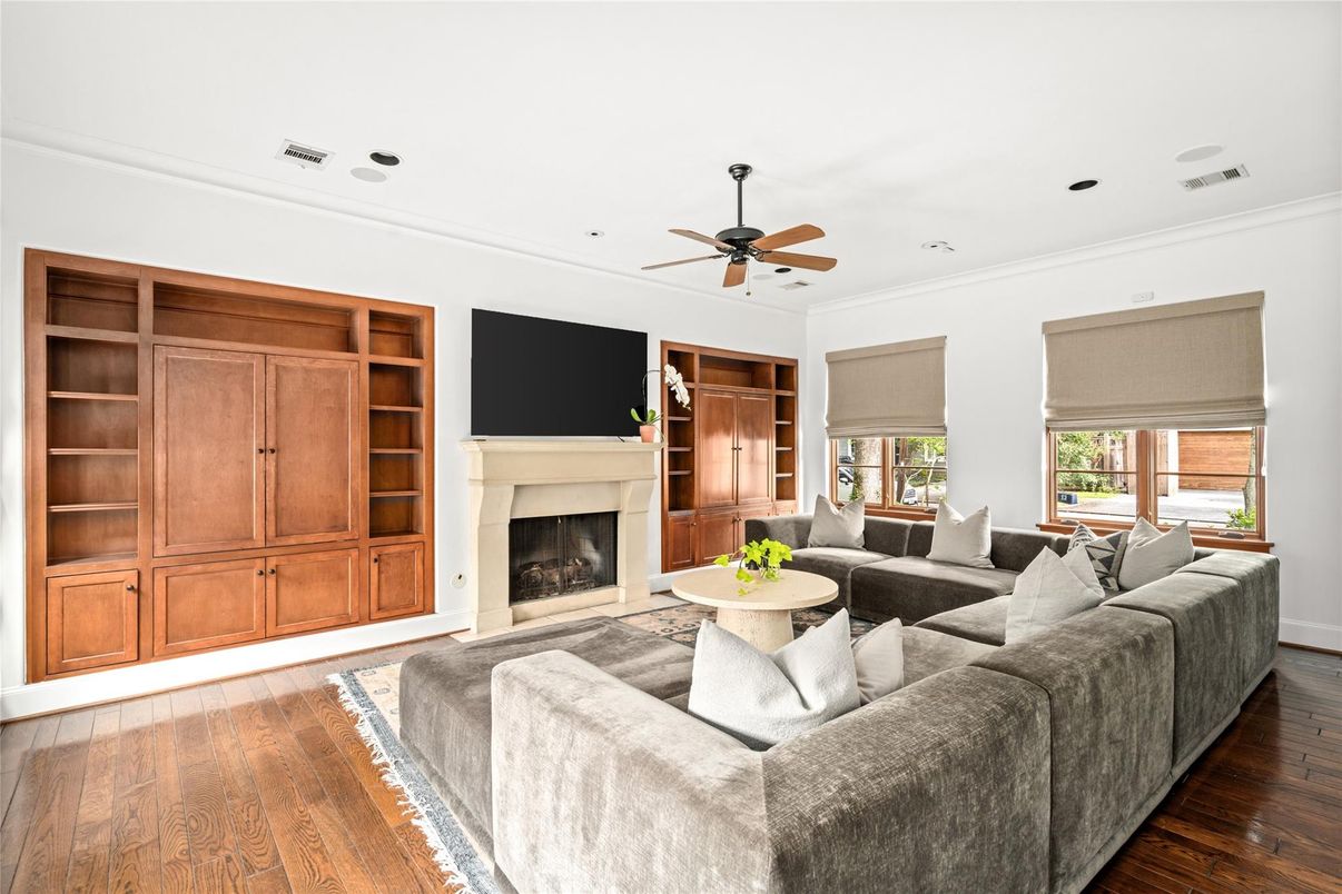 Fireplace, Interior, Living room, Recessed Lighting, Wood Texture Flooring