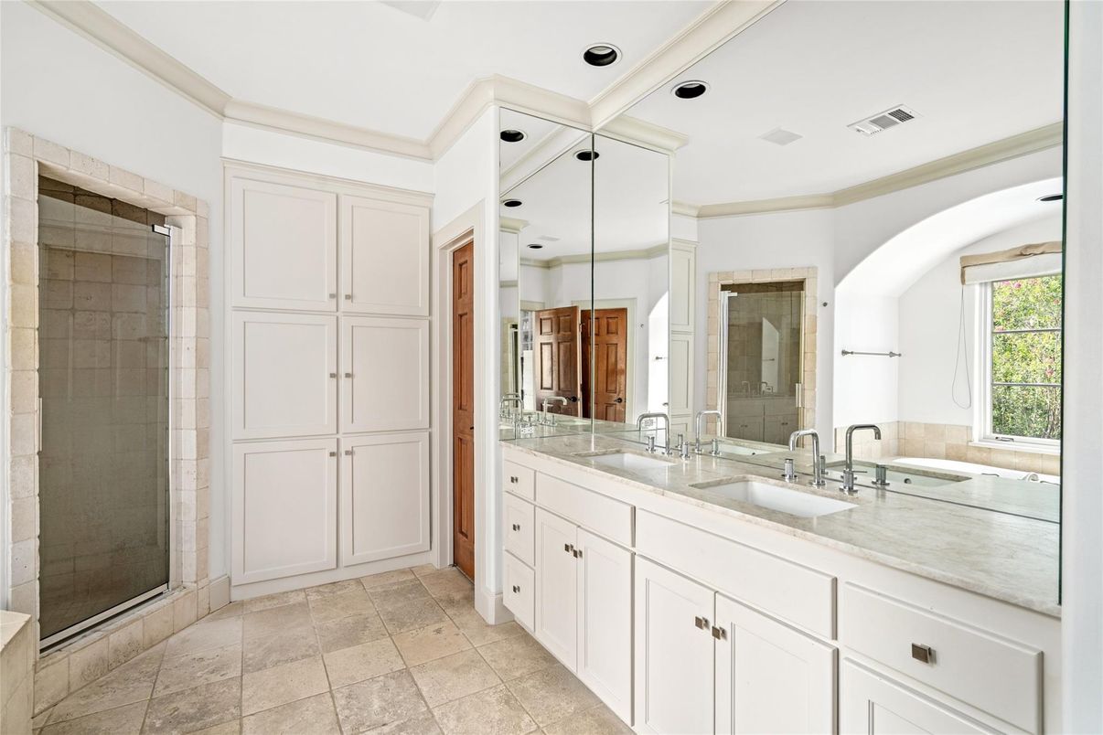 Bathroom, Dual Sink Vanities, Glass Shower, Interior, Recessed Lighting