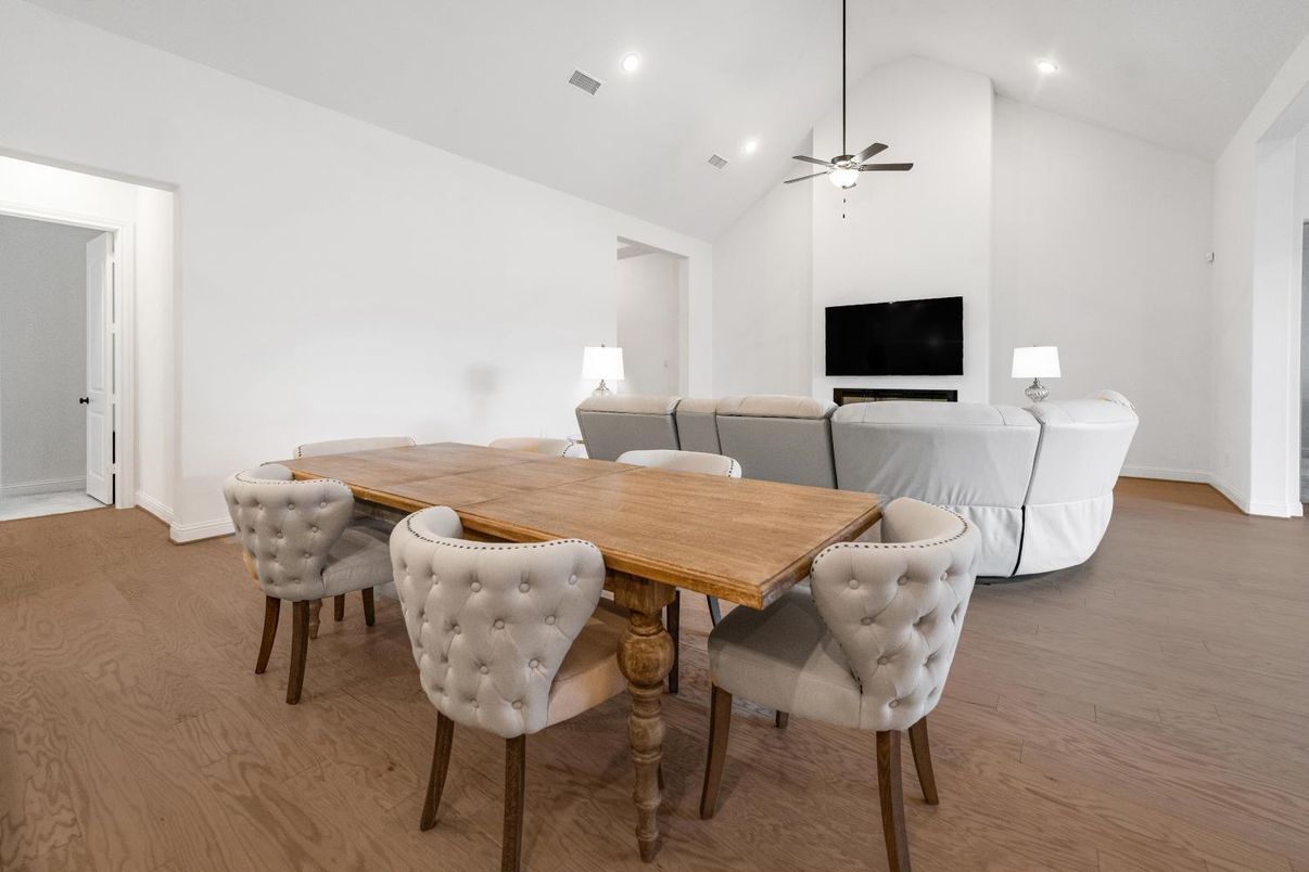 Dining room, Interior, Living room, Recessed Lighting, Wood Texture Flooring
