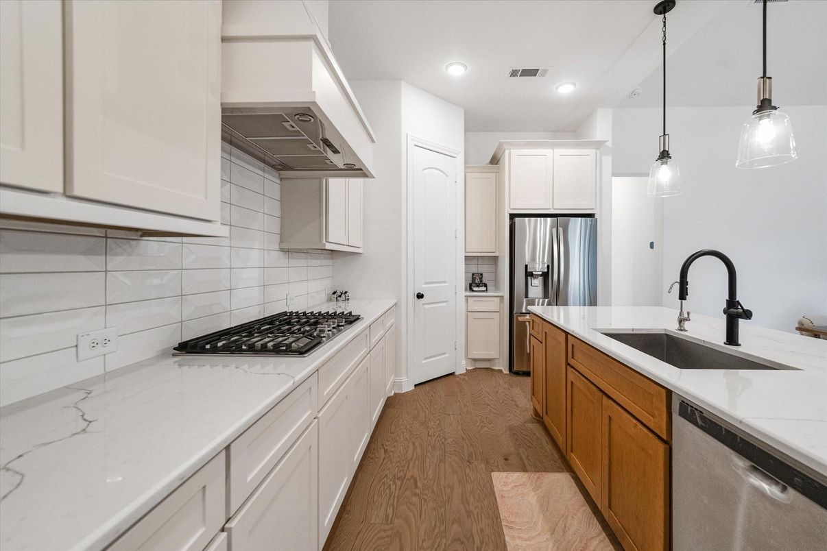 Interior, Kitchen, Pendant Lights, Recessed Lighting, Stainless Steel Appliances, Wood Texture Flooring