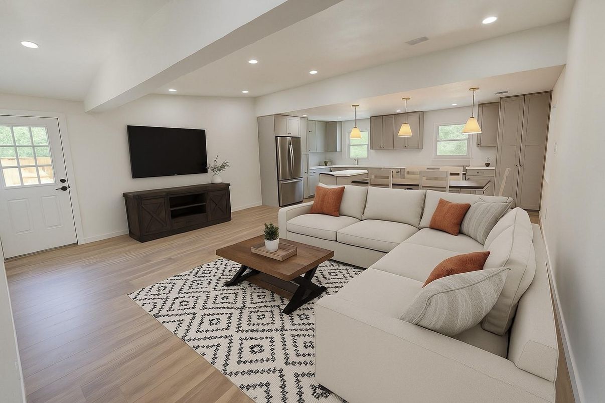 Dining room, Interior, Kitchen, Living room, Pendant Lights, Recessed Lighting, Stainless Steel Appliances, Wood Texture Flooring