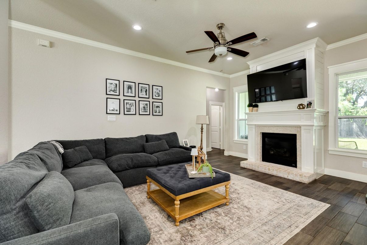 Fireplace, Interior, Living room, Recessed Lighting, Wood Texture Flooring